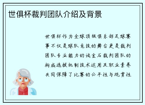 世俱杯裁判团队介绍及背景