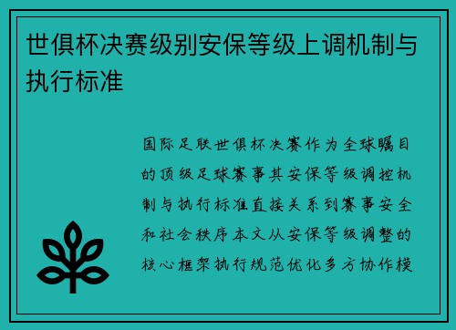 世俱杯决赛级别安保等级上调机制与执行标准